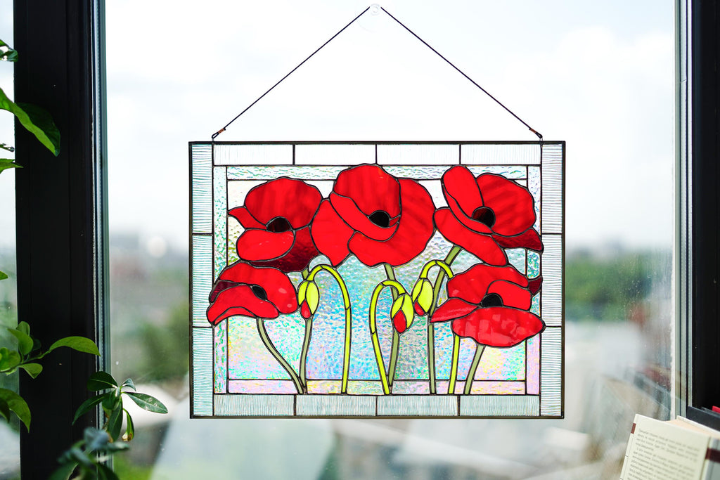 Red Poppy Stained Glass Panel Suncatcher 15x11.5 In, Kitchen Window Decor