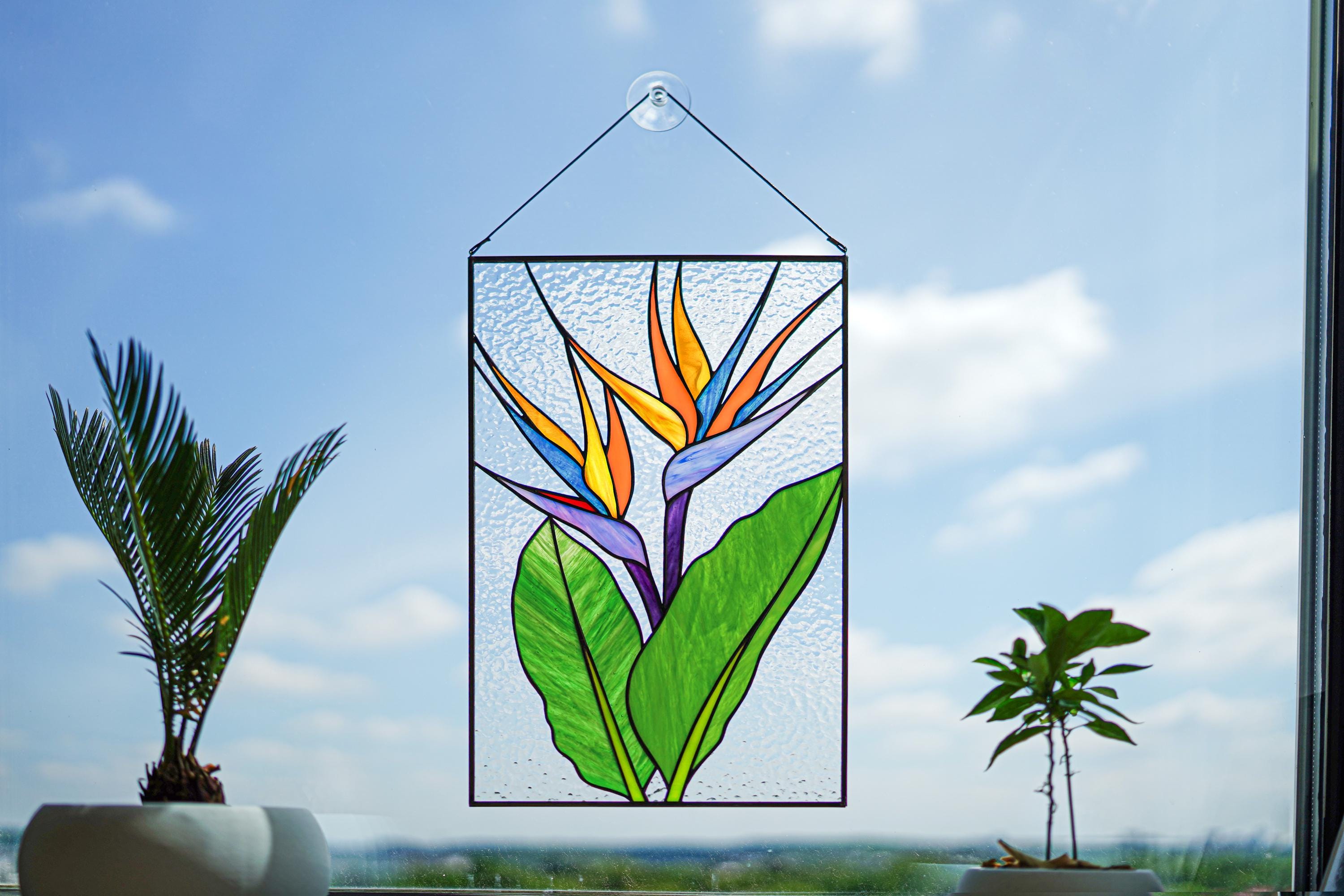 Stained Glass Panel Bird of Paradise, Handmade Window Hanging 10x15.5 In, Tropical Home Decor