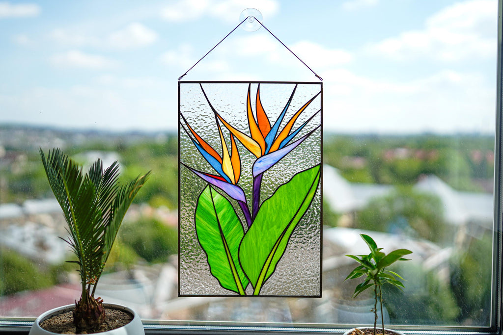 Stained Glass Panel Bird of Paradise, Handmade Window Hanging 10x15.5 In, Tropical Home Decor