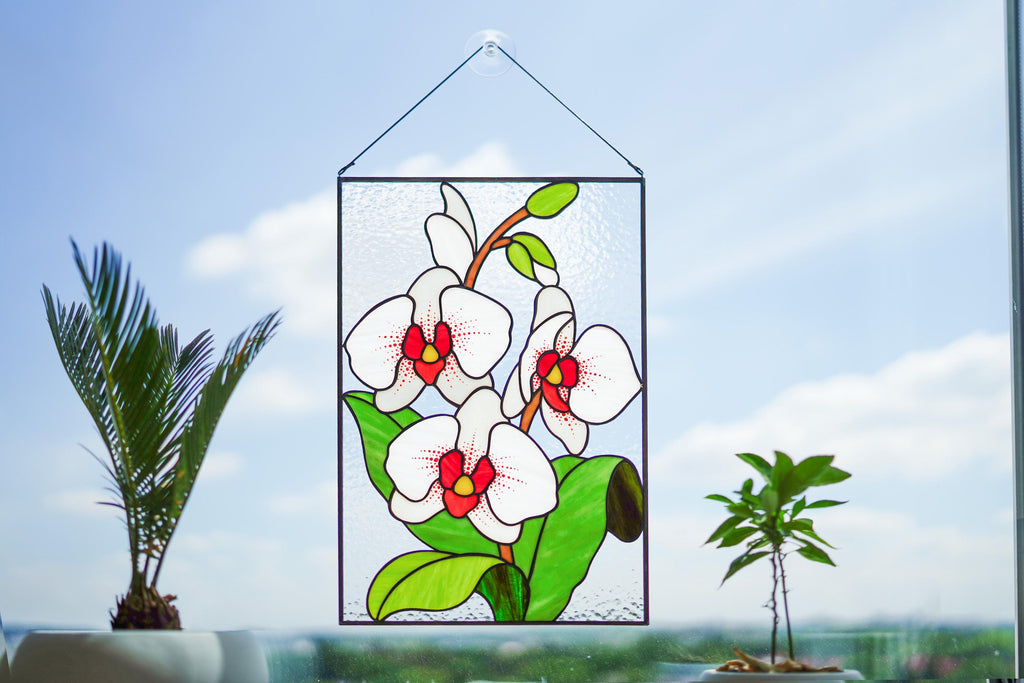 Handmade White Orchid Stained Glass Panel Suncatcher 10x15.5 In, Tiffany Window Hangings Wall Decor