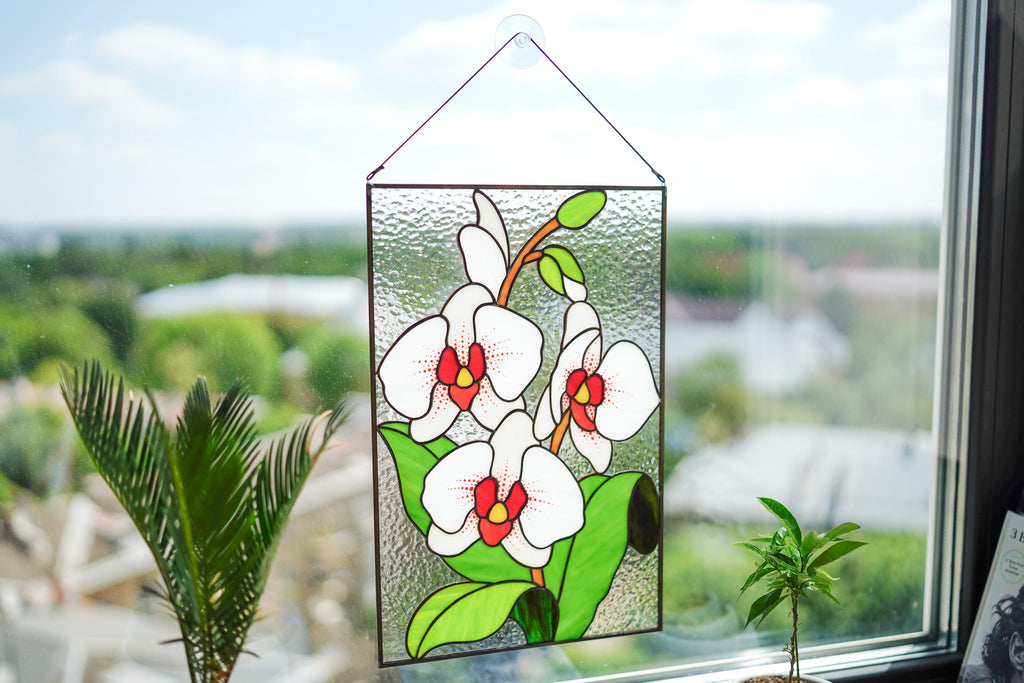 Handmade White Orchid Stained Glass Panel Suncatcher 10x15.5 In, Tiffany Window Hangings Wall Decor