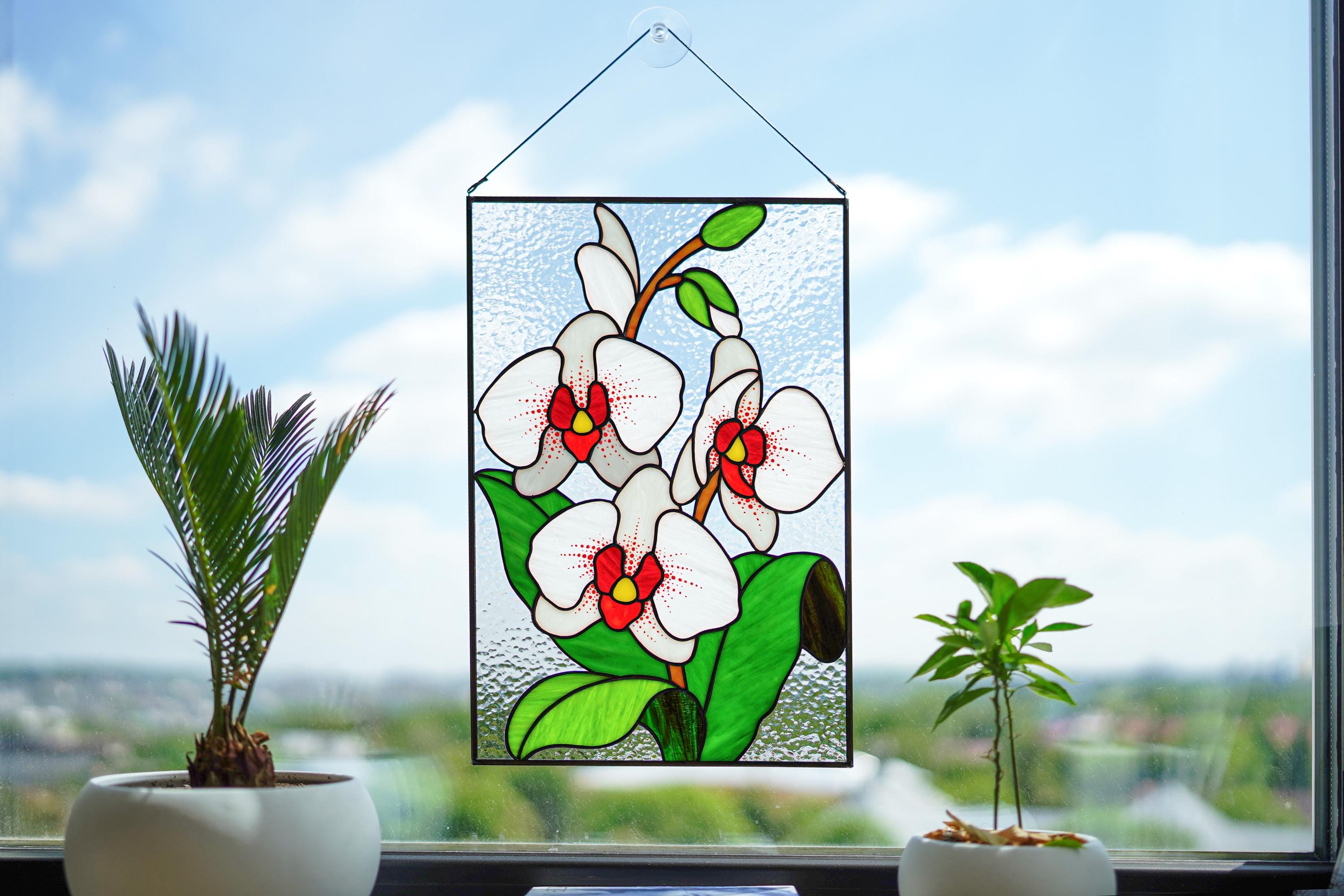 Handmade White Orchid Stained Glass Panel Suncatcher 10x15.5 In, Tiffany Window Hangings Wall Decor