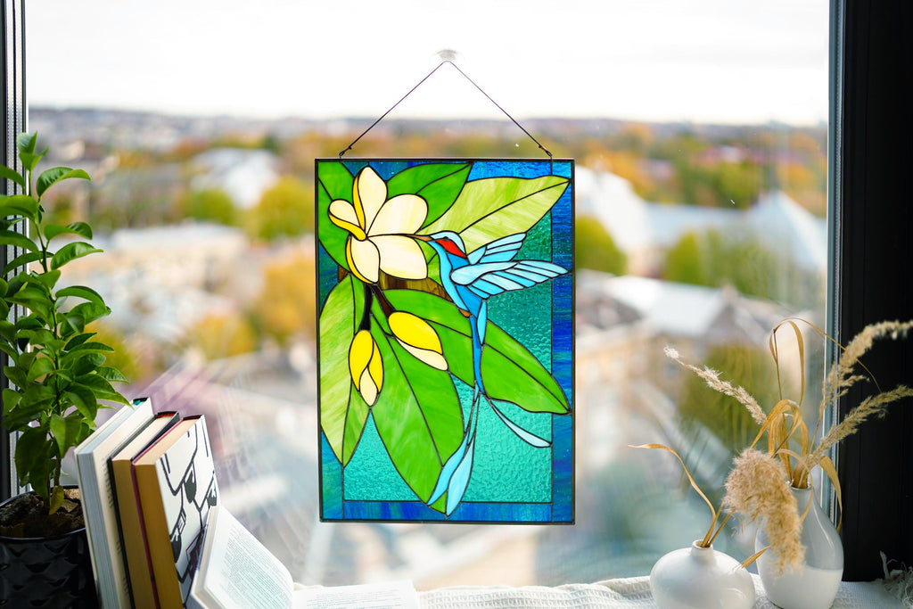 Handmade Hummingbird Stained Glass Panel, Plumeria Suncatcher 16.2x12.2 In, Tiffany Window Hangings
