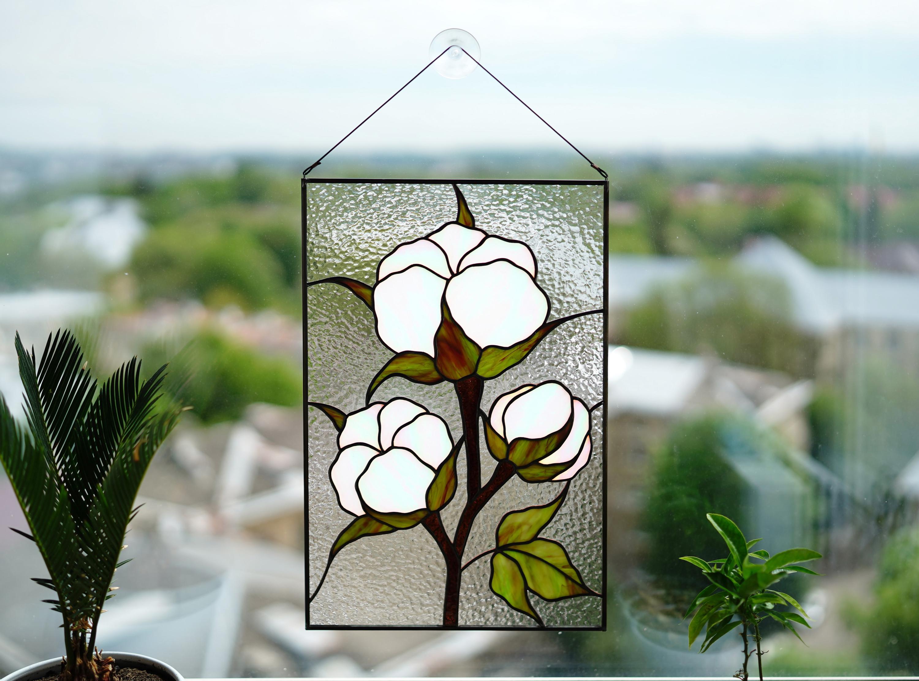 Cotton Boll Stained Glass Panel 10x15.5 In, Handmade Suncatcher, Farmhouse Tiffany Window Hangings