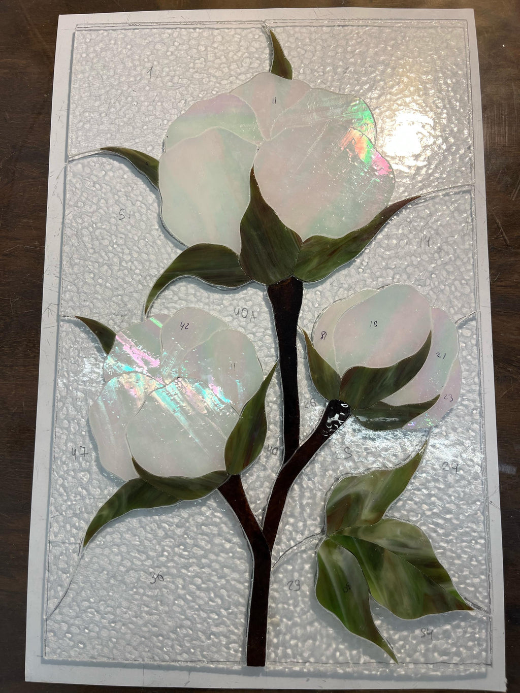 Cotton Boll Stained Glass Panel 10x15.5 In, Handmade Suncatcher, Farmhouse Tiffany Window Hangings