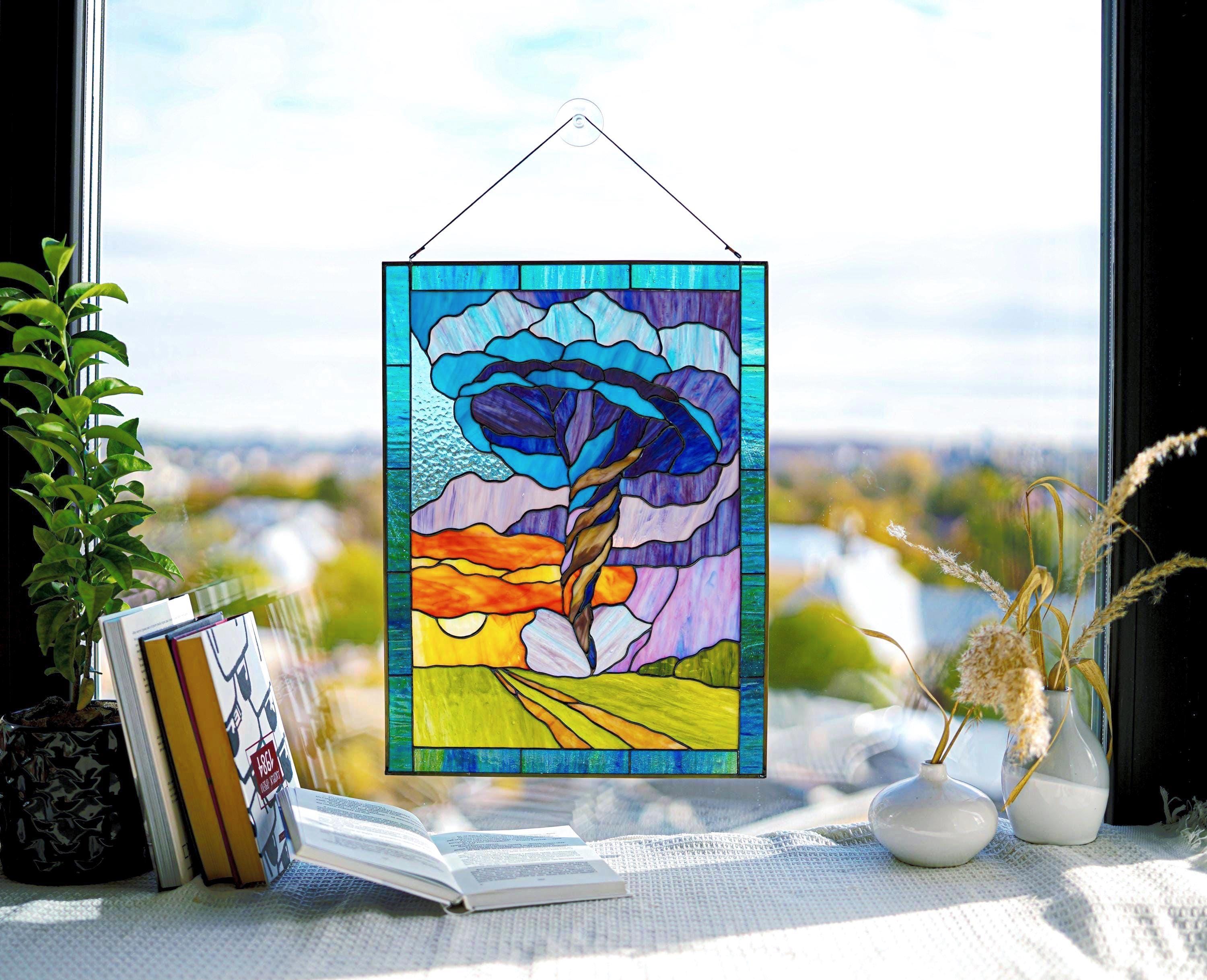 Stained Glass Window Panel Tornado 18 x 13.5 in: Sunset Landscape Window Hanging Unique Father's Day gift, Glass Wall Art