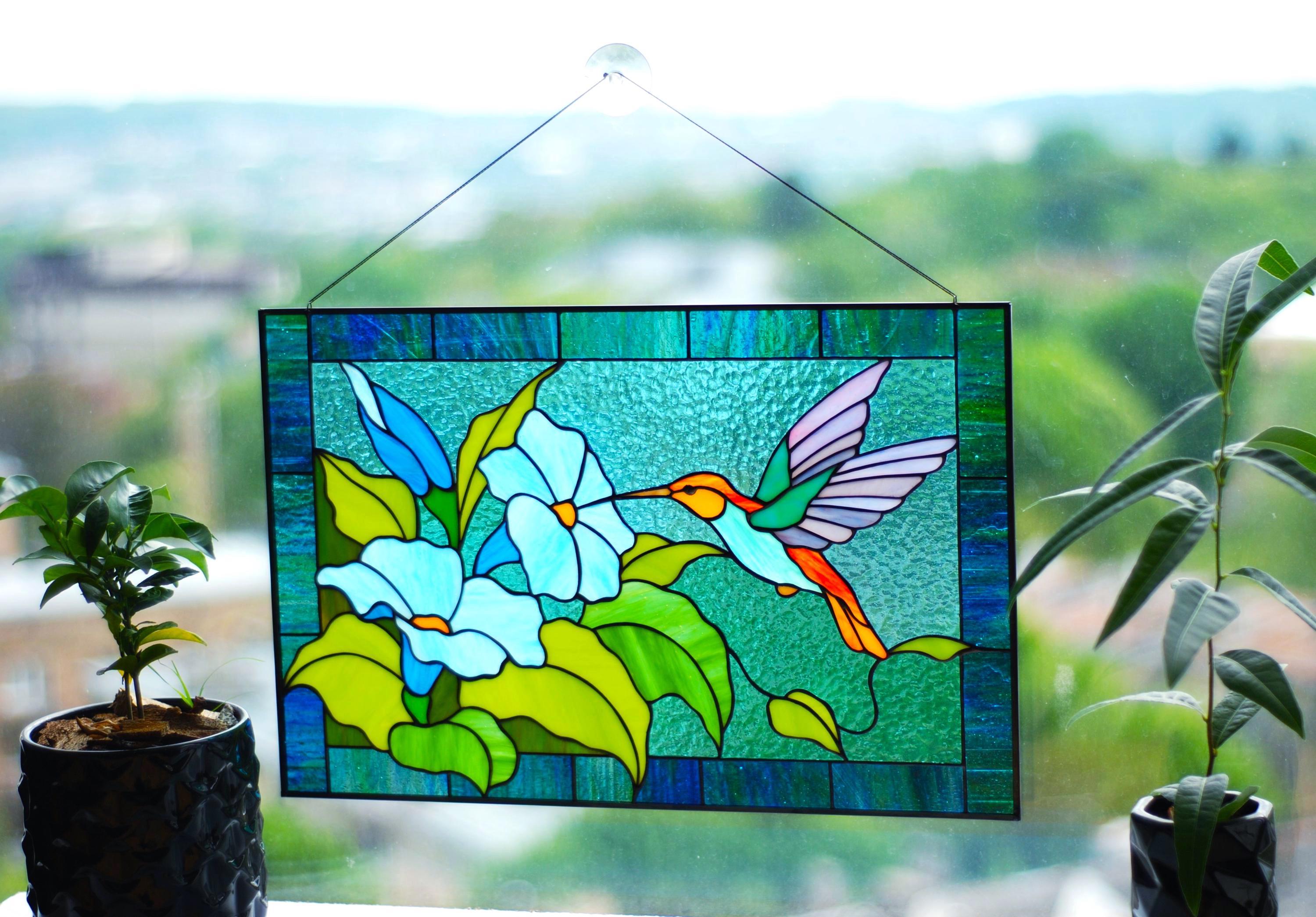 Stained Glass Panel Hummingbird Suncatcher, Morning Glory Flowers Window Hanging 17.5x11.5 In, Tiffany Glass Art Gift for Mom