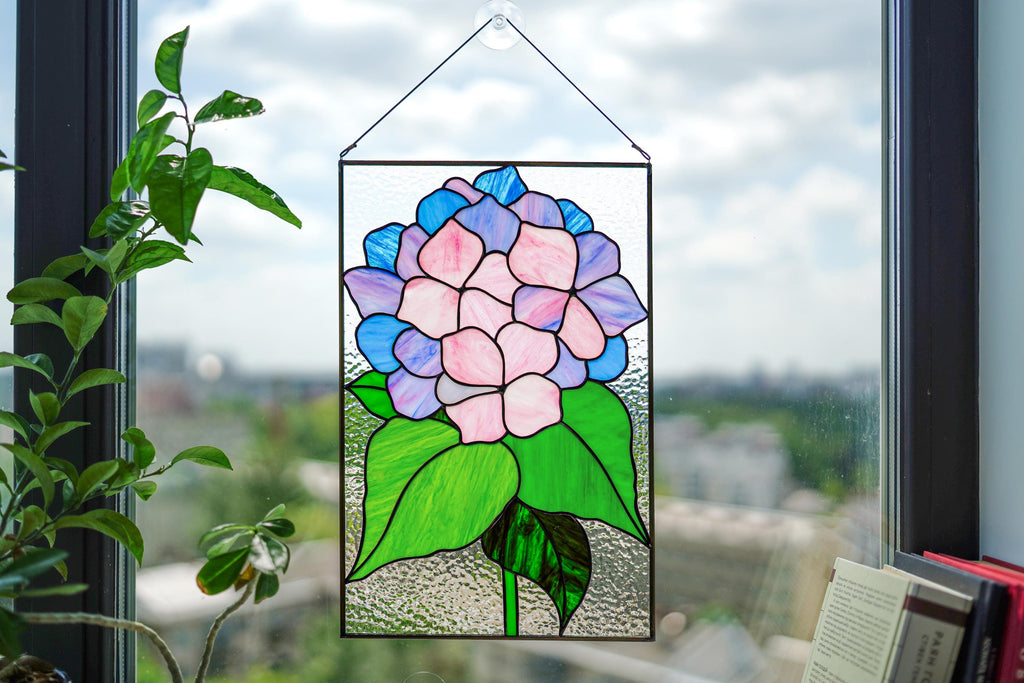 Hydrangea Stained Glass Panel 10x15,5 In. Handmade Suncatcher, Floral Tiffany Window Hangings 10x15.5 In, Home Decor Gift