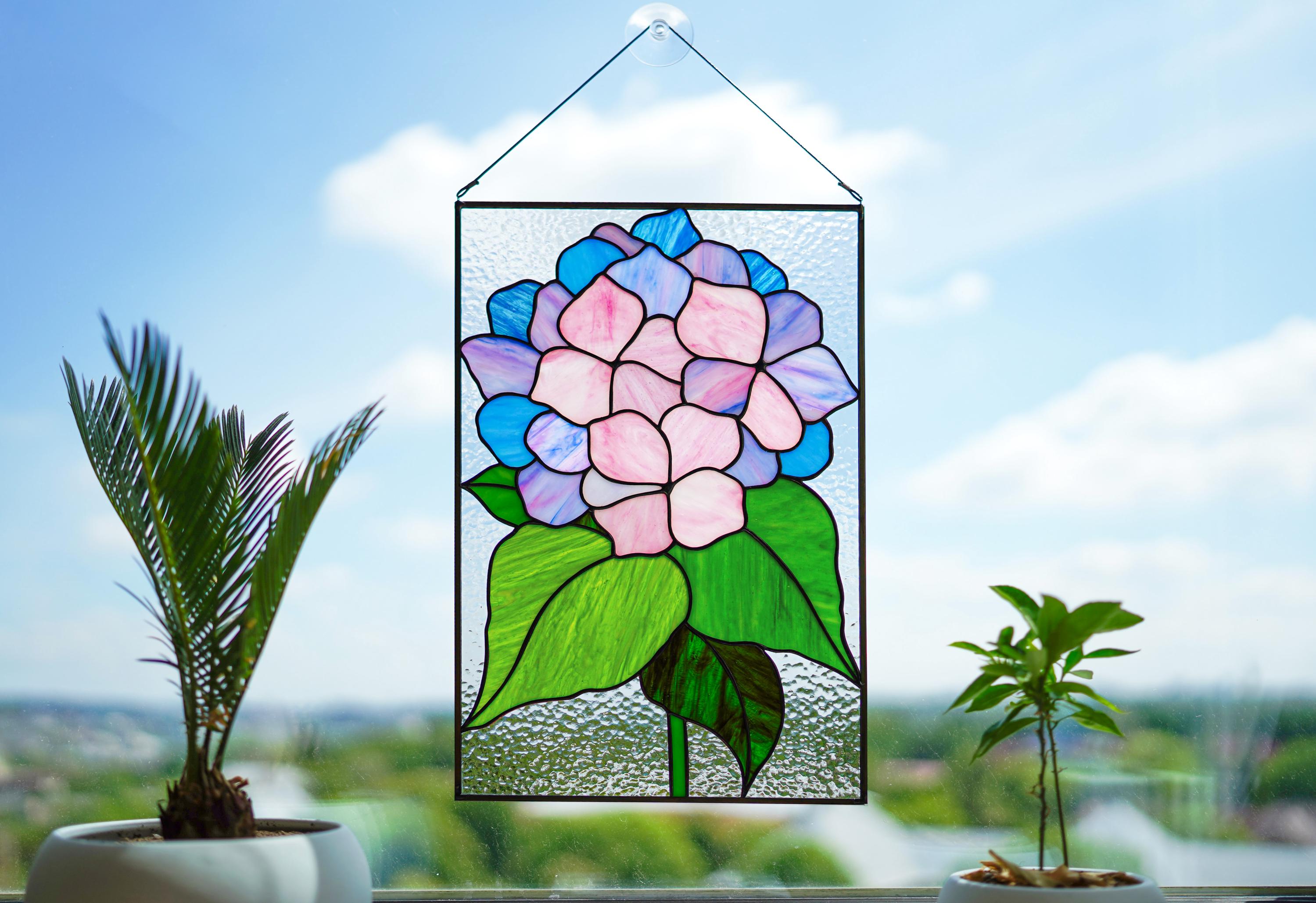 Hydrangea Stained Glass Panel 10x15,5 In. Handmade Suncatcher, Floral Tiffany Window Hangings 10x15.5 In, Home Decor Gift