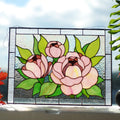 Close-up of stained glass pink peony panel showing opalescent petal detail and copper foil lines, soft blush and rose cathedral glass, handmade Ukraine
