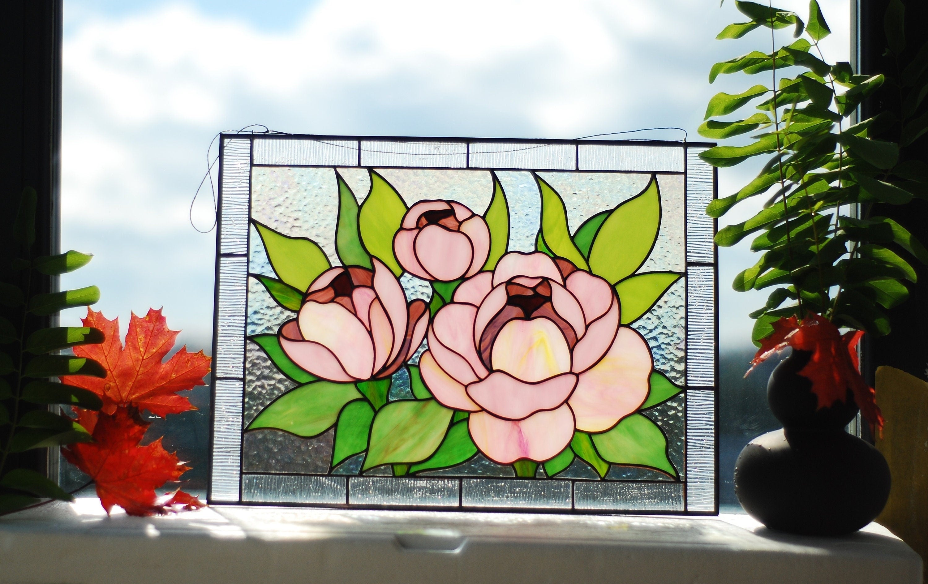 Pink Peony Stained Glass Panel, Handmade Floral Window Hangings 11.5x15.5 In, Unique Gift for Mom, Custom Stained Glass Art