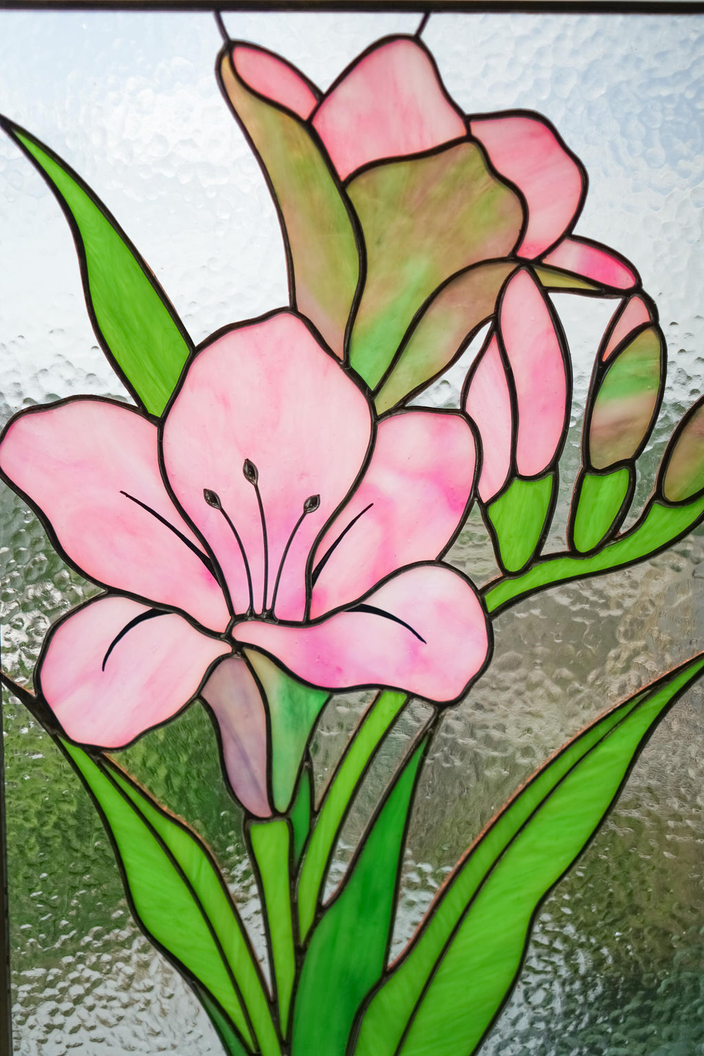 Pink Freesia Stained Glass Panel, Handmade Window Hanging 10x15.5 In, Floral Suncatcher