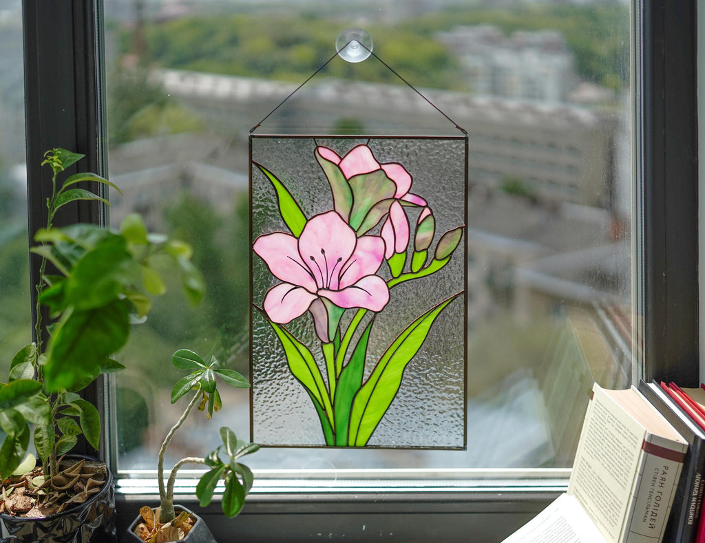 Pink Freesia Stained Glass Panel, Handmade Window Hanging 10x15.5 In, Floral Suncatcher