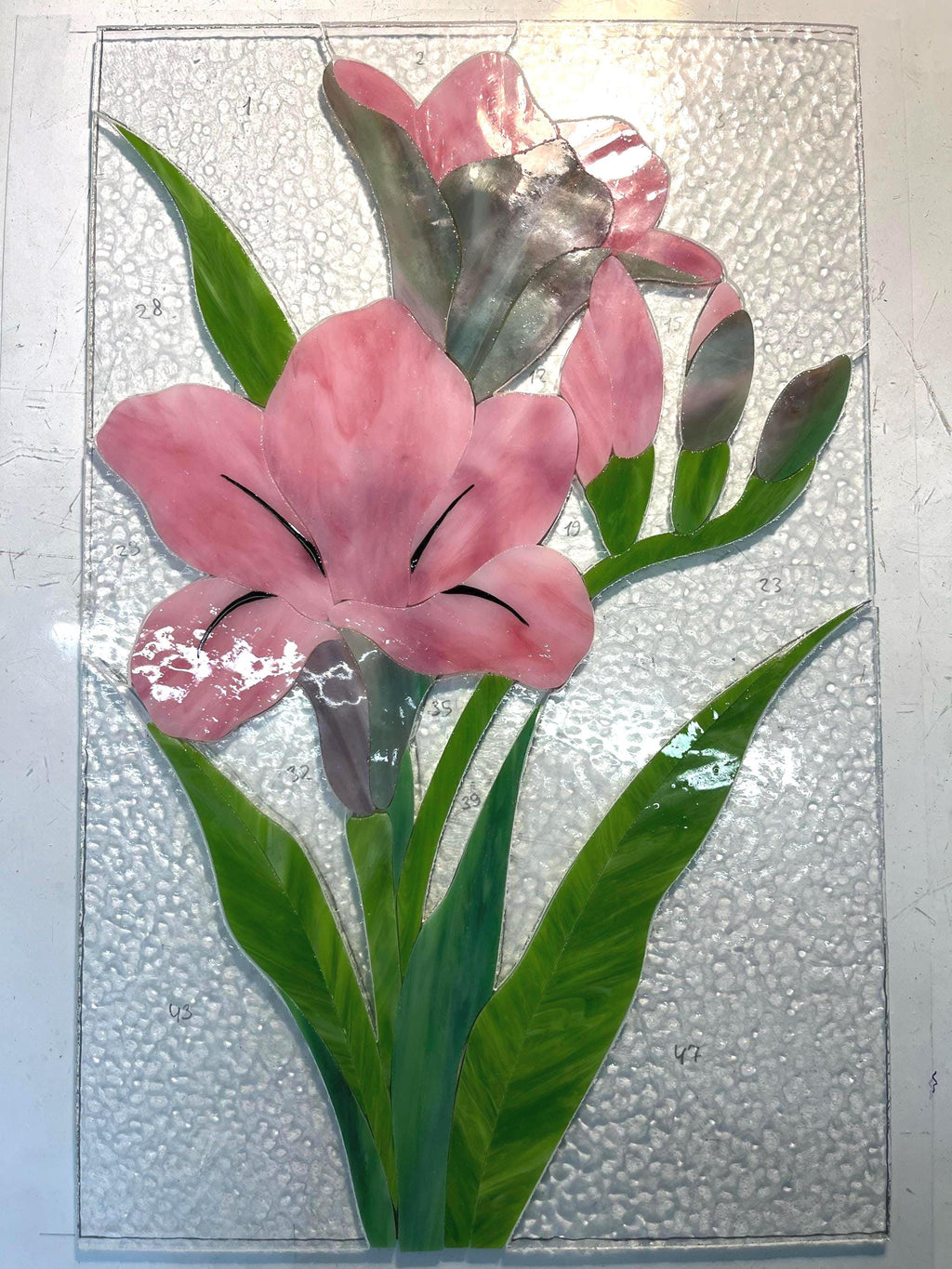 Pink Freesia Stained Glass Panel, Handmade Window Hanging 10x15.5 In, Floral Suncatcher
