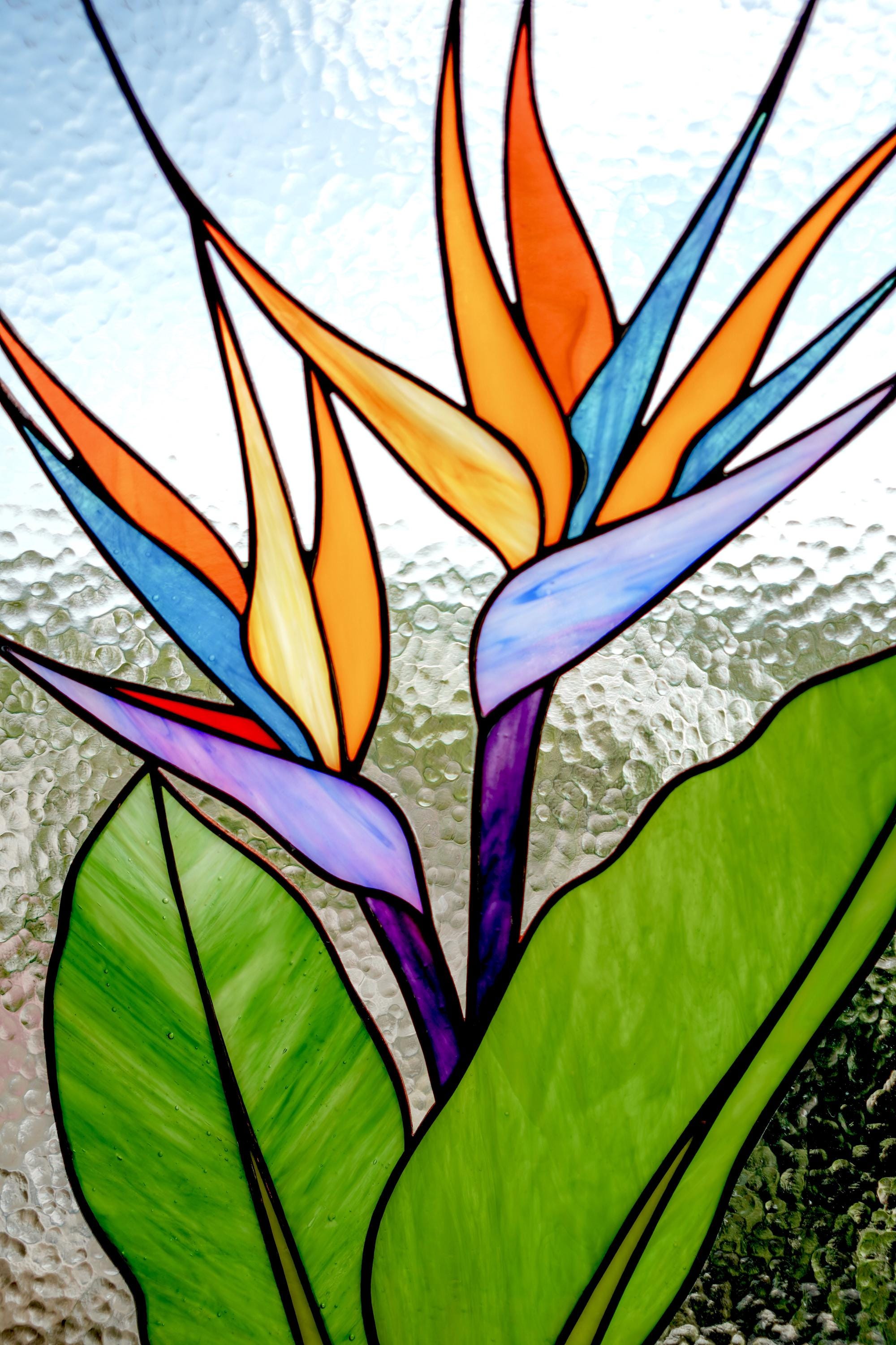 Stained Glass Panel Bird of Paradise, Handmade Window Hanging 10x15.5 In, Tropical Home Decor