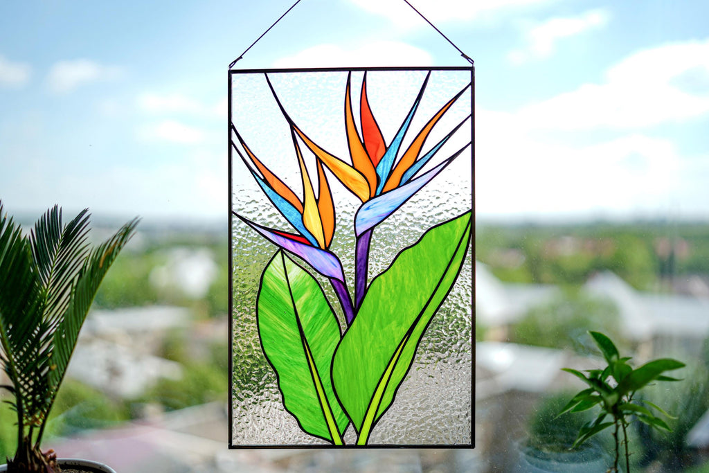 Stained Glass Panel Bird of Paradise, Handmade Window Hanging 10x15.5 In, Tropical Home Decor