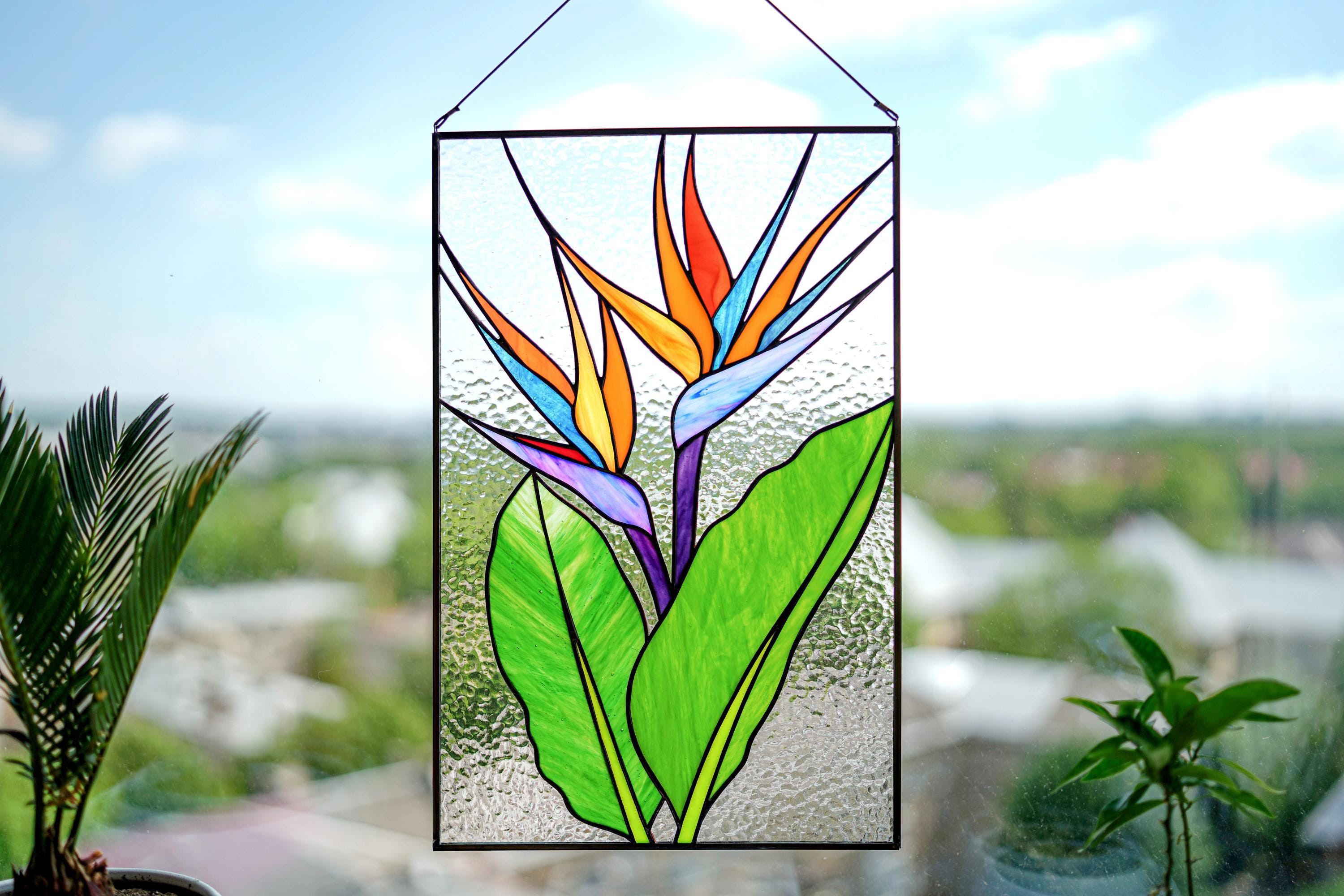 Stained Glass Panel Bird of Paradise, Handmade Window Hanging 10x15.5 In, Tropical Home Decor