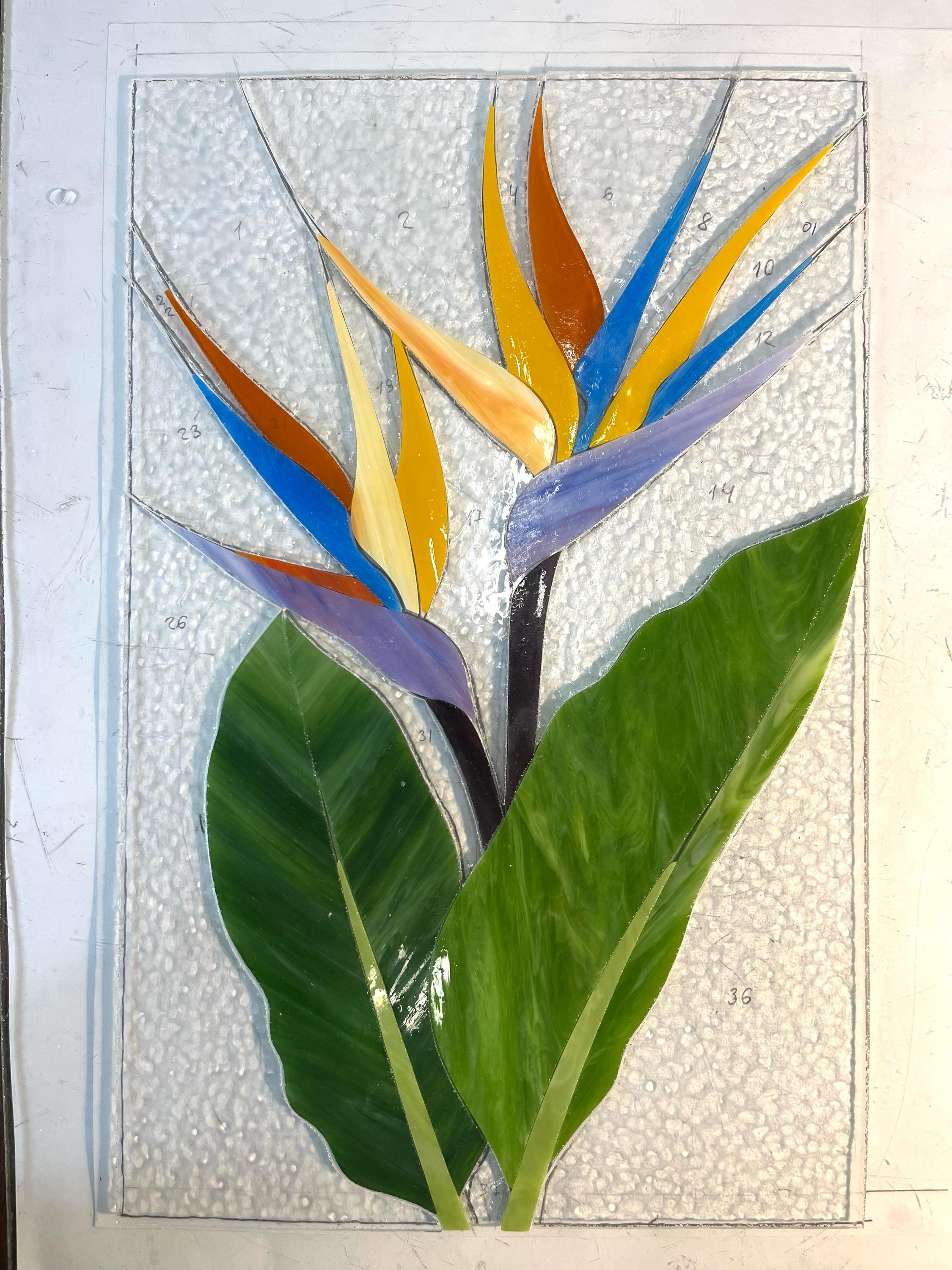 Stained Glass Panel Bird of Paradise, Handmade Window Hanging 10x15.5 In, Tropical Home Decor