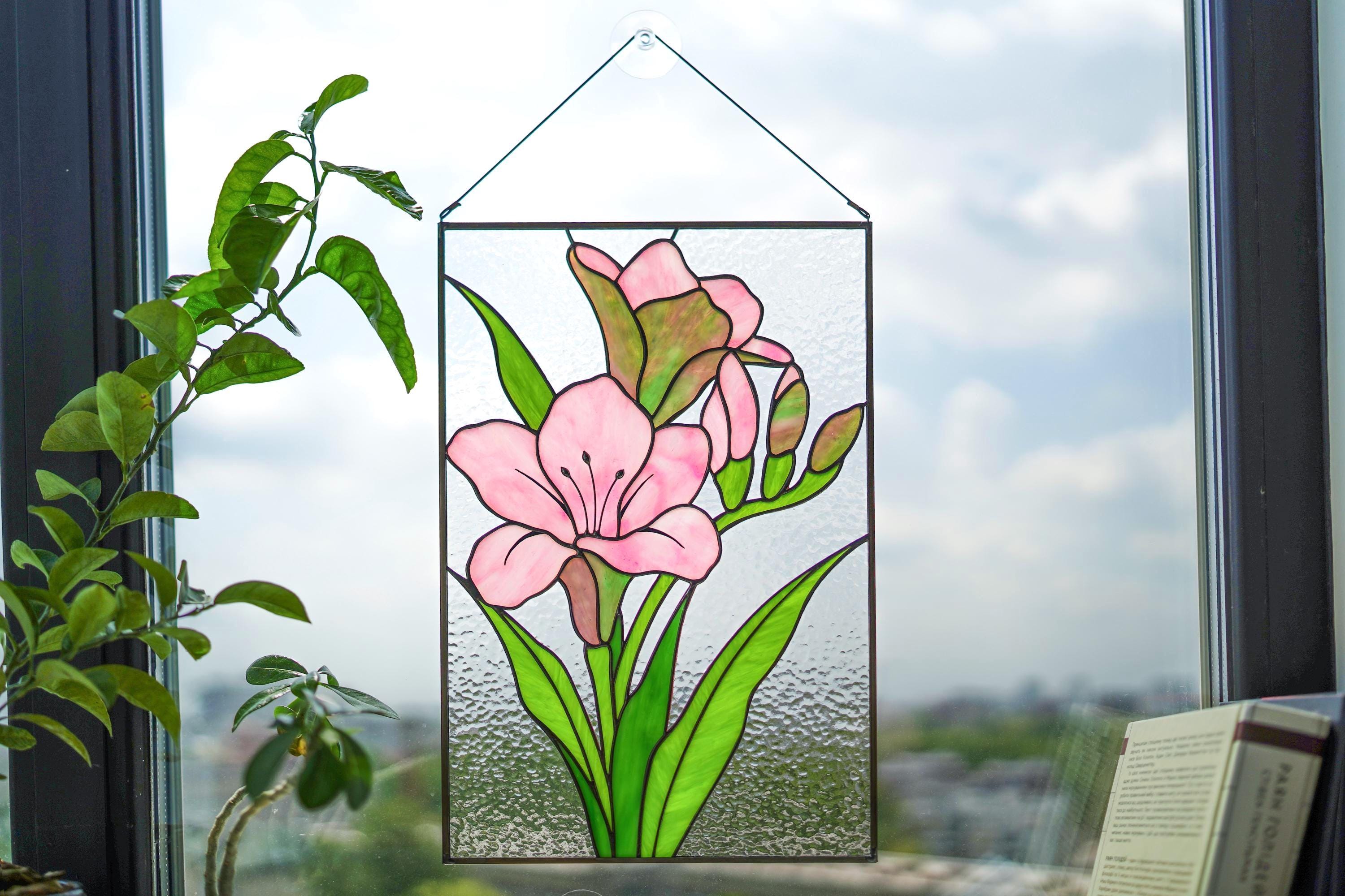 Pink Freesia Stained Glass Panel, Handmade Window Hanging 10x15.5 In, Floral Suncatcher