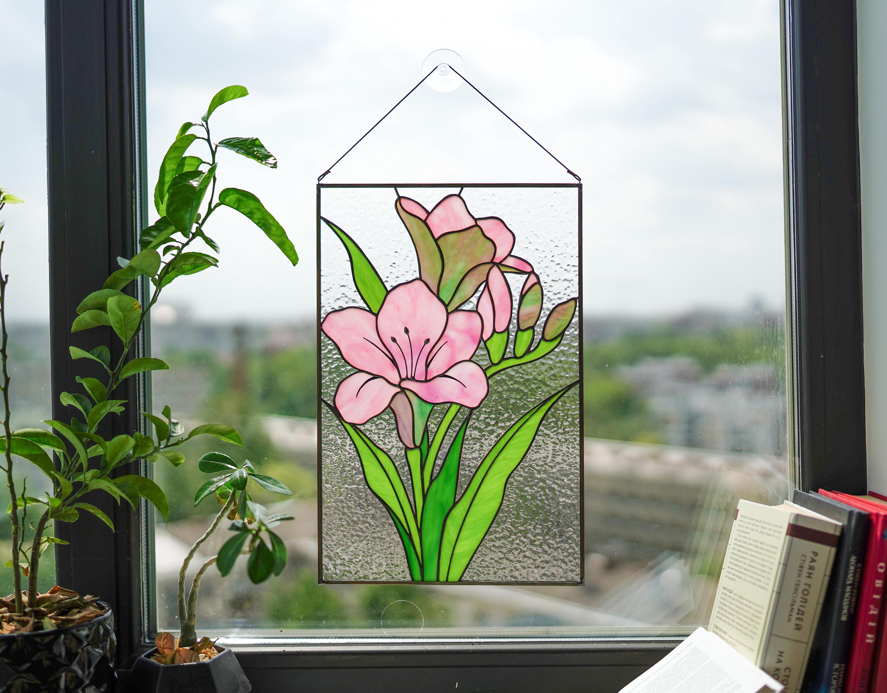 Pink Freesia Stained Glass Panel, Handmade Window Hanging 10x15.5 In, Floral Suncatcher