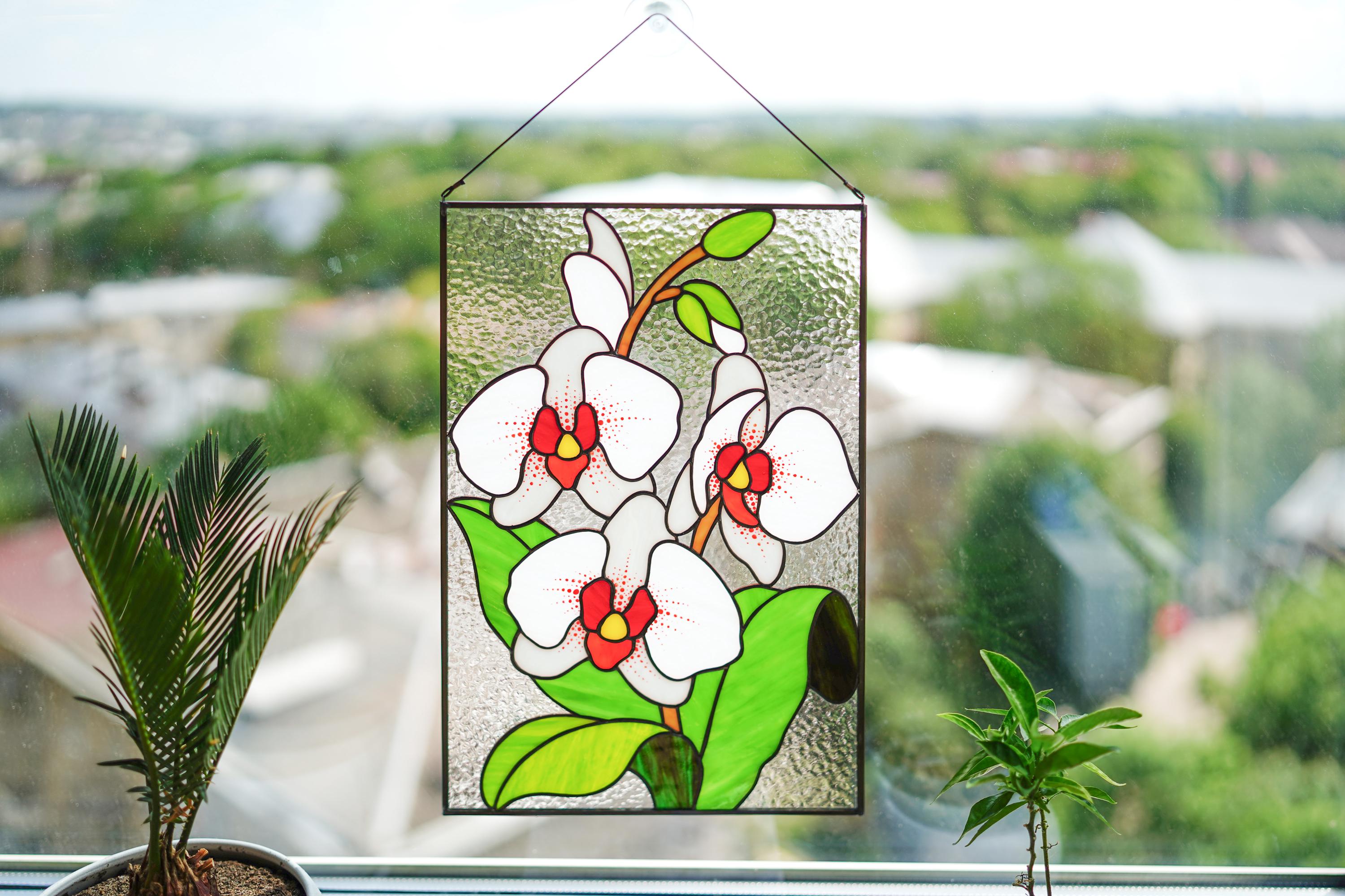 Handmade White Orchid Stained Glass Panel Suncatcher 10x15.5 In, Tiffany Window Hangings Wall Decor