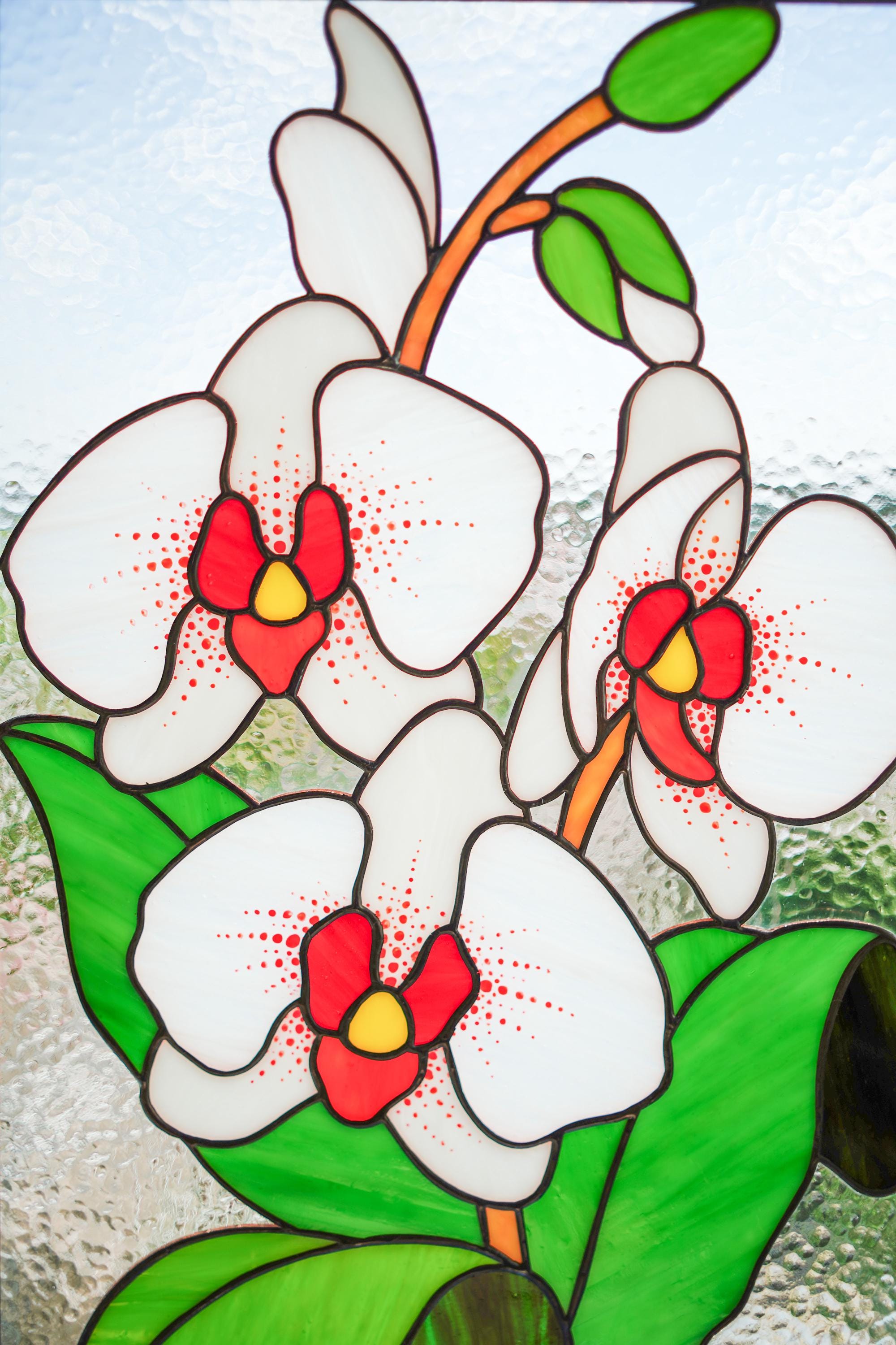 Handmade White Orchid Stained Glass Panel Suncatcher 10x15.5 In, Tiffany Window Hangings Wall Decor