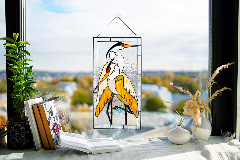 Stained Glass Window Panel, Pair of Herons, Tiffany Suncatcher, Window Hanging, Handmade Window Decor, Father's Day gift, Glass art