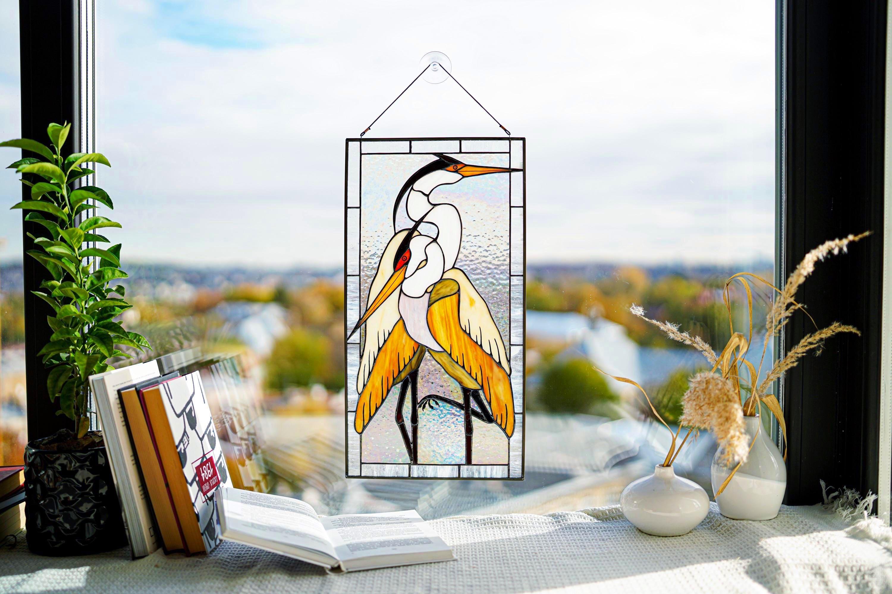 Stained Glass Window Panel, Pair of Herons, Tiffany Suncatcher, Window Hanging, Handmade Window Decor, Father's Day gift, Glass art
