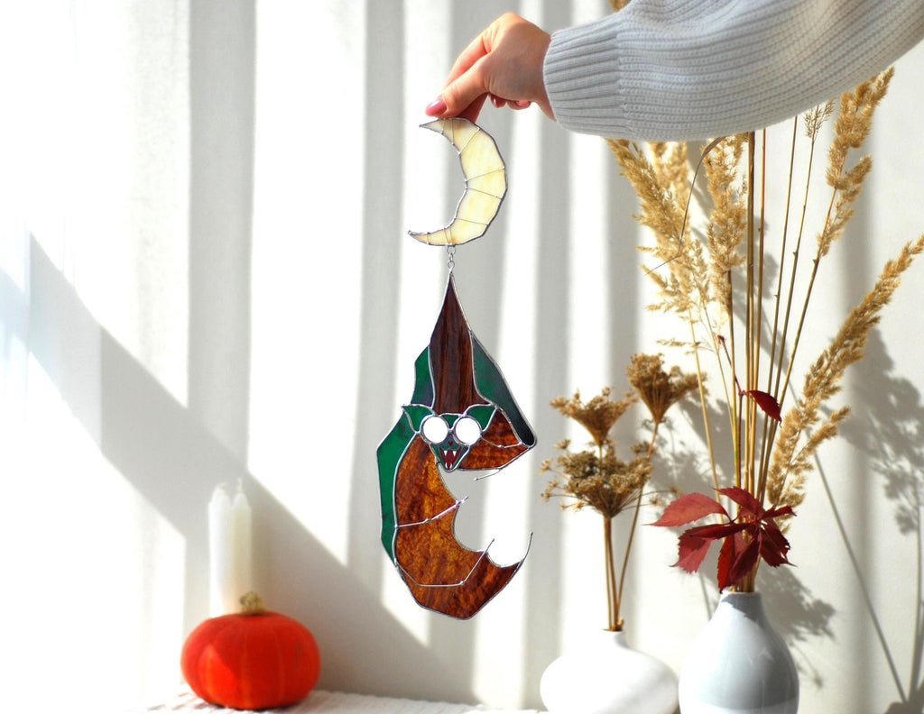 Handmade Bat Crescent Moon Stained Glass Suncatcher 14.5x5 In, Witchy Gothic Window Hangings