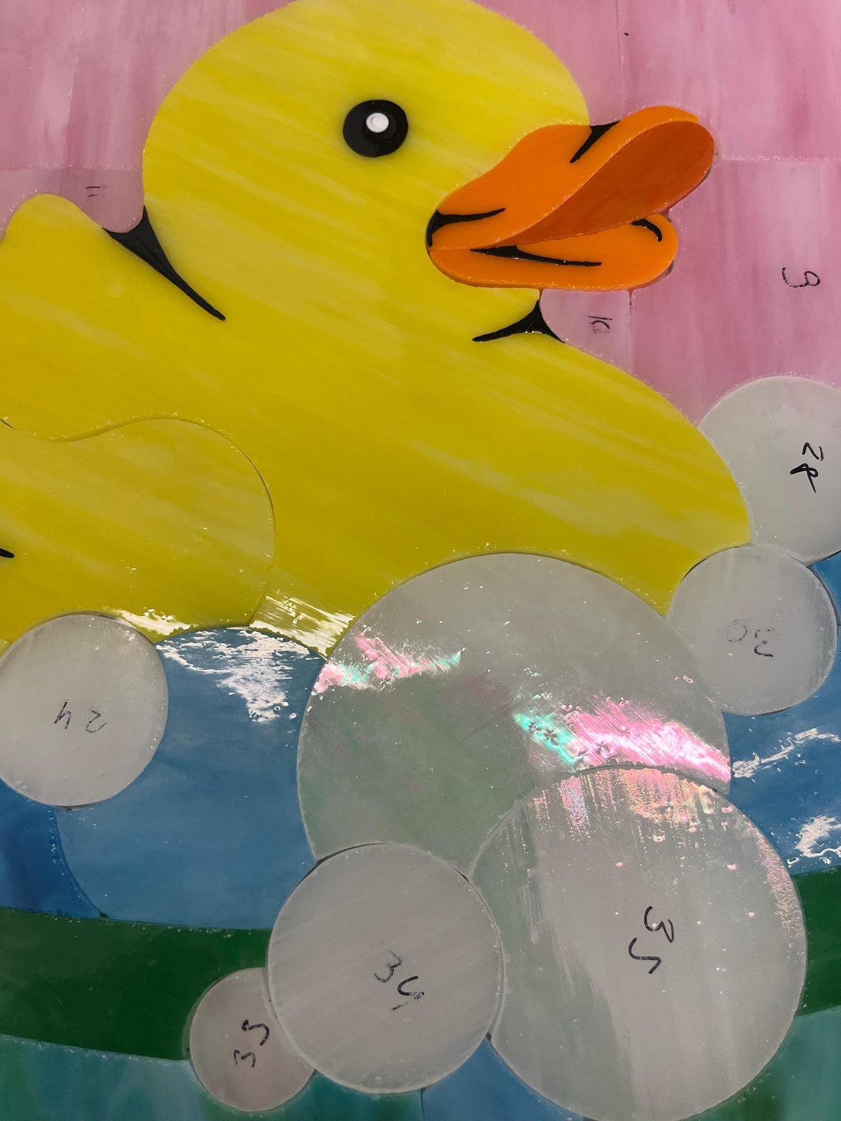 Glass pieces for handmade rubber duck stained glass panel, Tiffany copper foil technique process