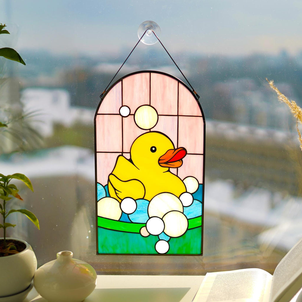 Yellow rubber duck stained glass window panel with pink arch frame, handmade bathroom decor
