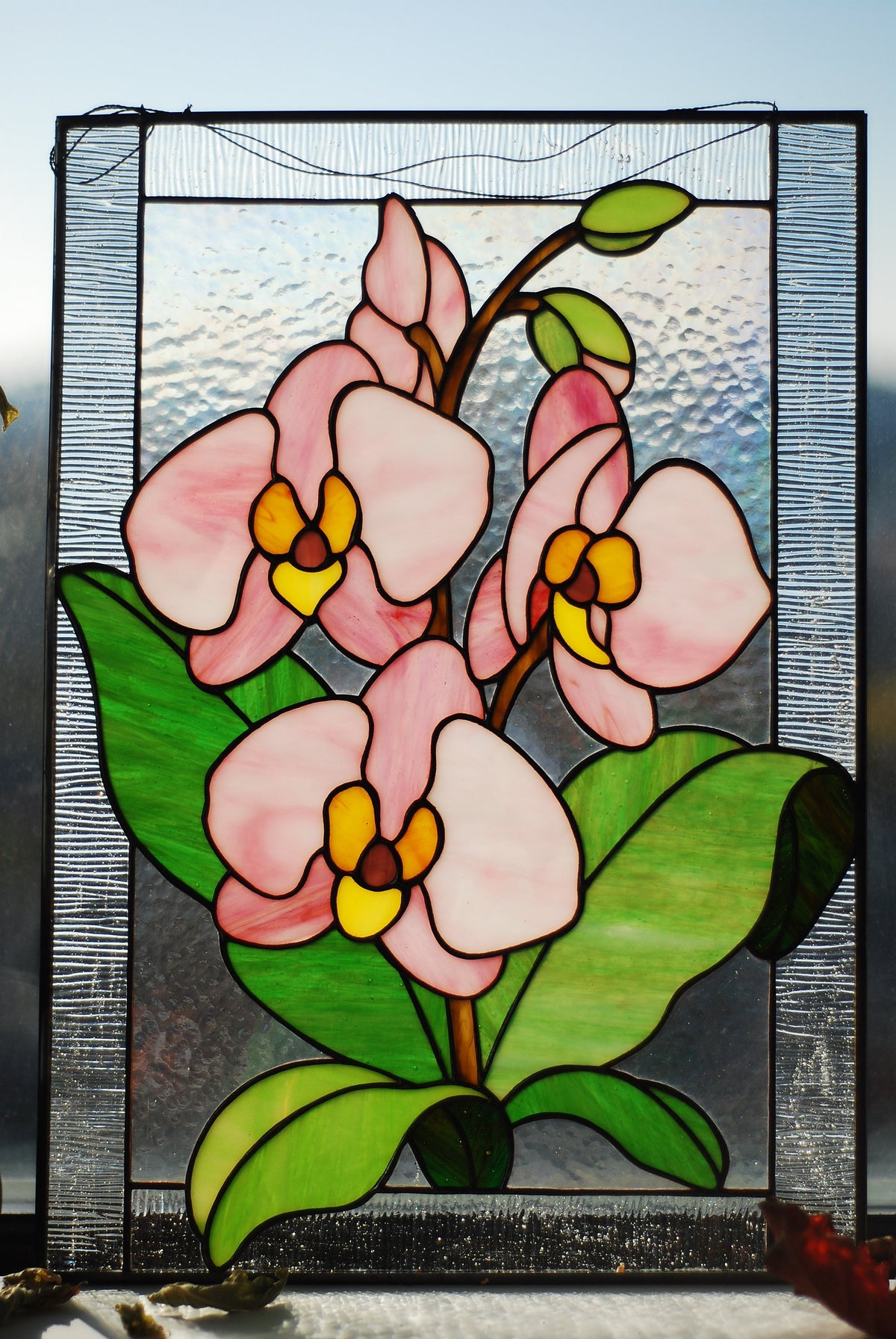 Stained glass orchid window panel front view, pink and white phalaenopsis orchids on textured background, handmade Tiffany style floral art, 16x12 in
